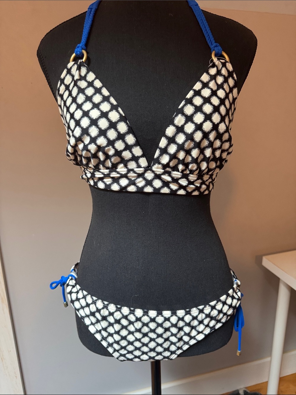 Black & White Polka-Style Halter Bikini with Blue Ties